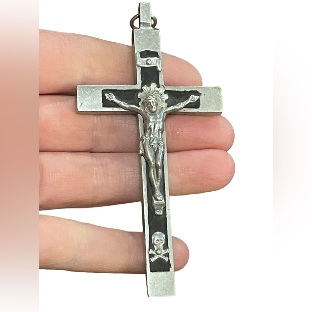 Antique Wood & Brushed Aluminum Hand Forged Irish Large Crucifix Cross Pendant